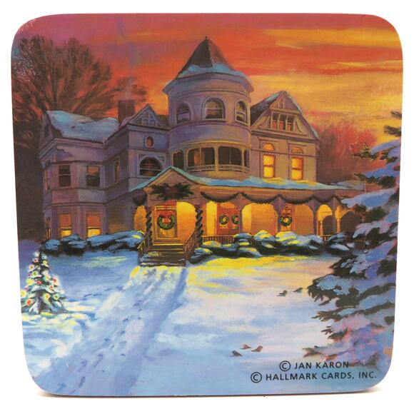 Hallmark Jan Karon Christmas Coaster Set 4 Cork Backed Winter Village Scenes - Picture 9 of 9